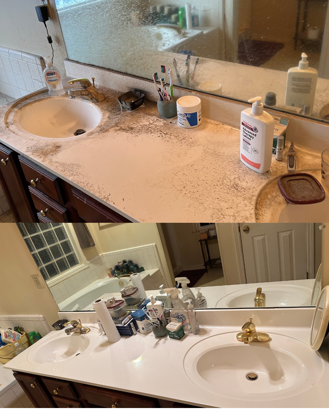 Bathroom countertop: Before and after. Top image cluttered, bottom image clean. Brown cabinets, white sinks, mirrors.