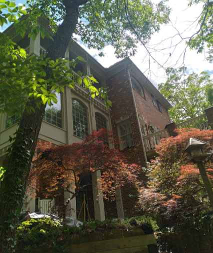 A low-angle view of a multi-story brick house nestled behind dense trees and Japanese maples on a sunny day.