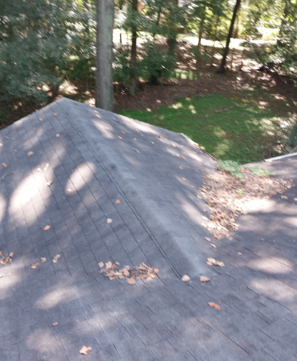 A high-angle view of a gray asphalt shingle roof with scattered fallen leaves near a valley, overlooking a grassy lawn.