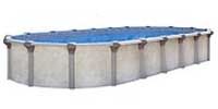 A large oval swimming pool with a blue cover on a white background.