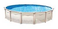 A round swimming pool filled with blue water on a white background.