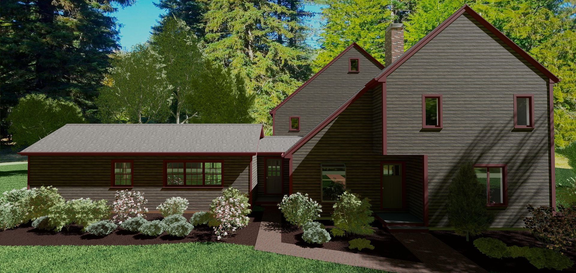 A wooden house with a driveway and bushes in front. Trees in the background.