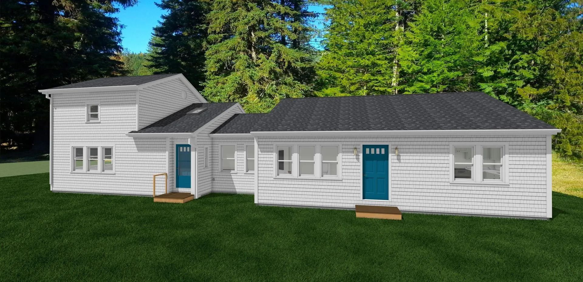 Two-story white house with blue doors, black roof, and green lawn. Surrounded by trees.