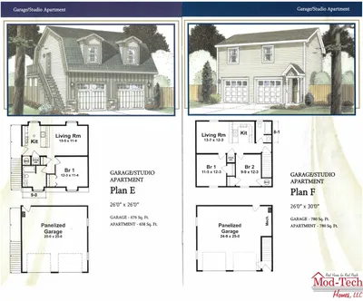 Two garage/studio apartment building plans: Plan E (left) and Plan F (right), with exterior and floorplan views.