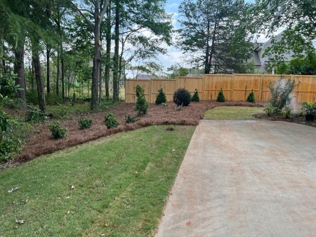 a driveway leading to a backyard with a wooden fence and trees