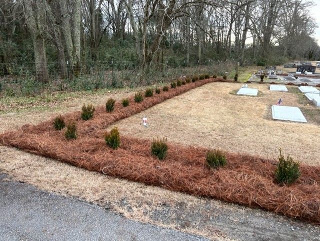 a graveyard with a row of bushes and mulch along the side of the road