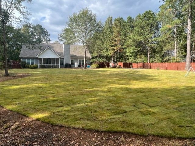a large lawn in front of a house with trees in the background