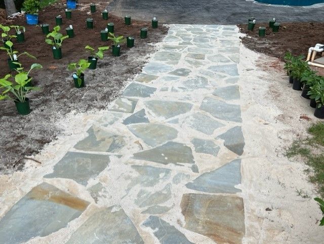 a stone walkway leading to a pool surrounded by potted plants