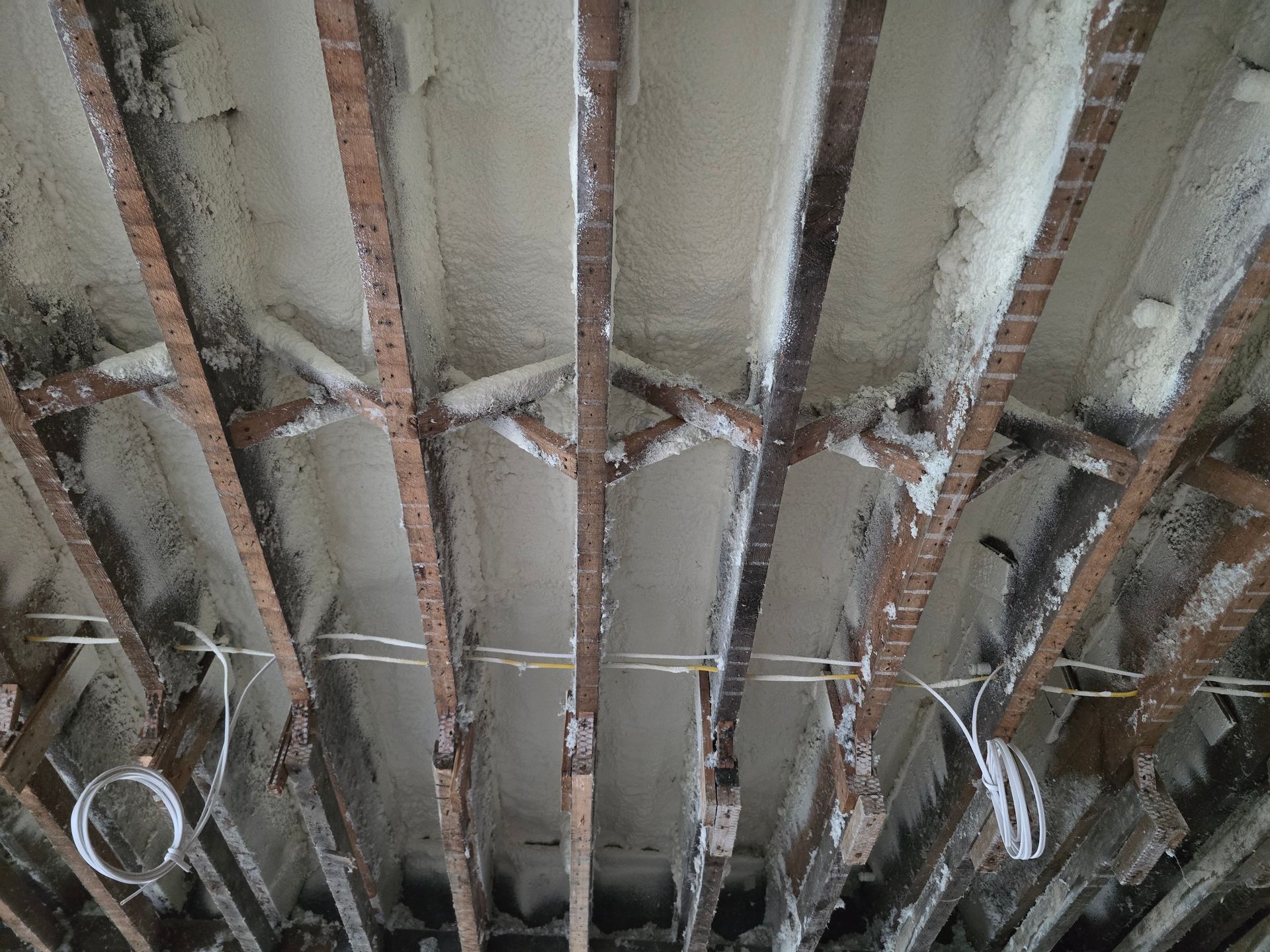 A ceiling with a lot of wires hanging from it.