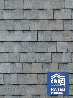 A close up of a roof with a crrc rated product sign