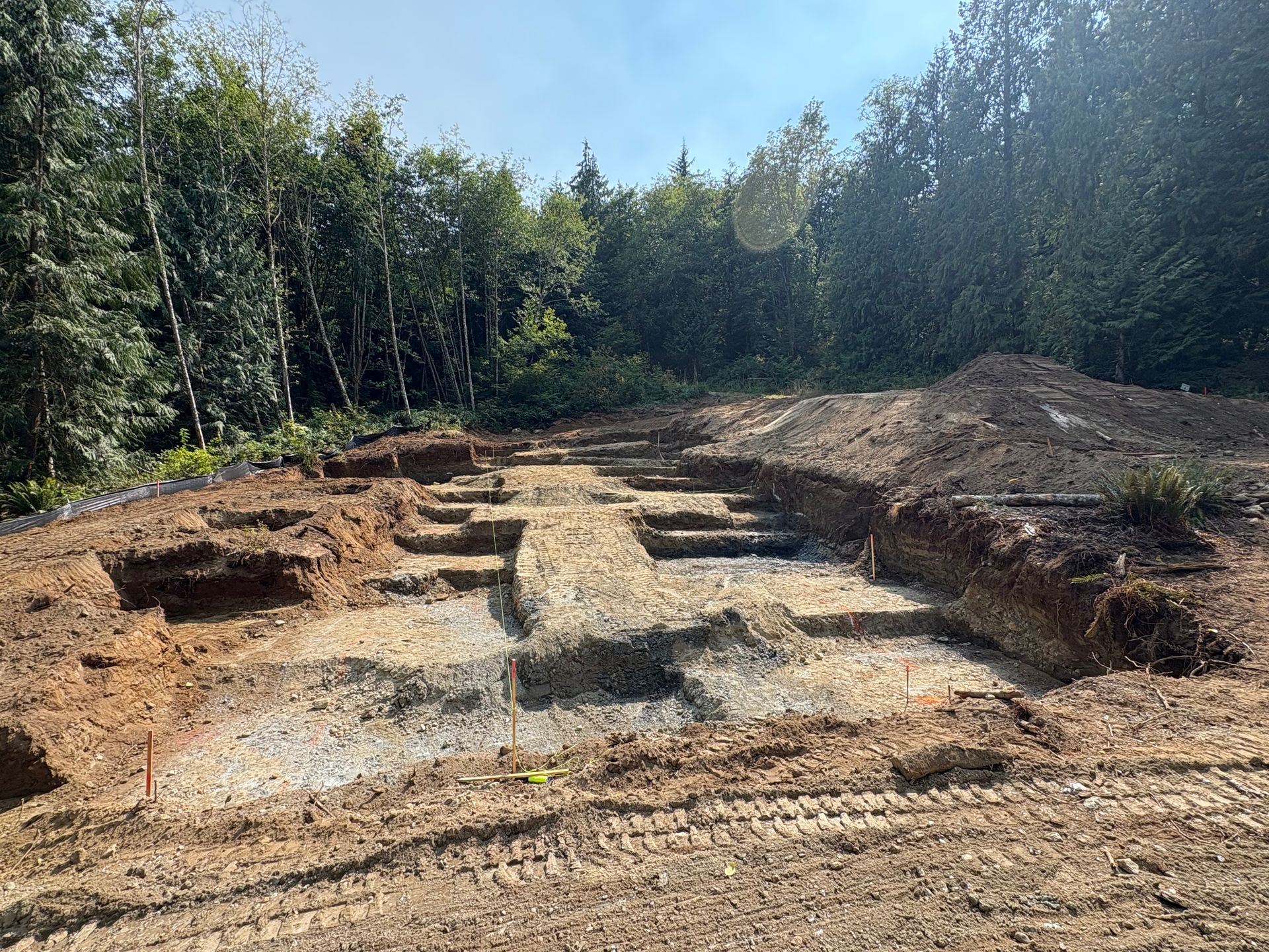 Orange excavator digging in a grassy area next to a clothesline.