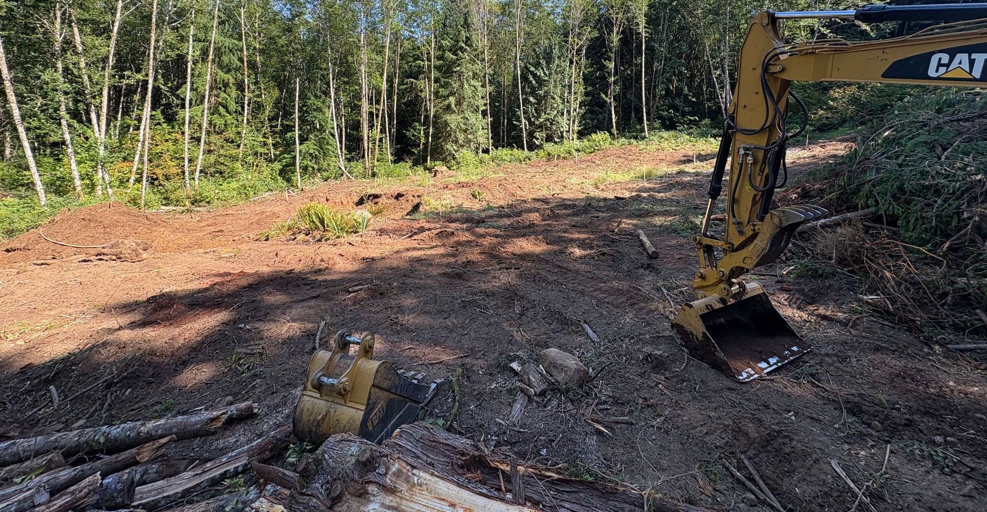 Excavator clearing land near a forest, with exposed soil and cut logs.