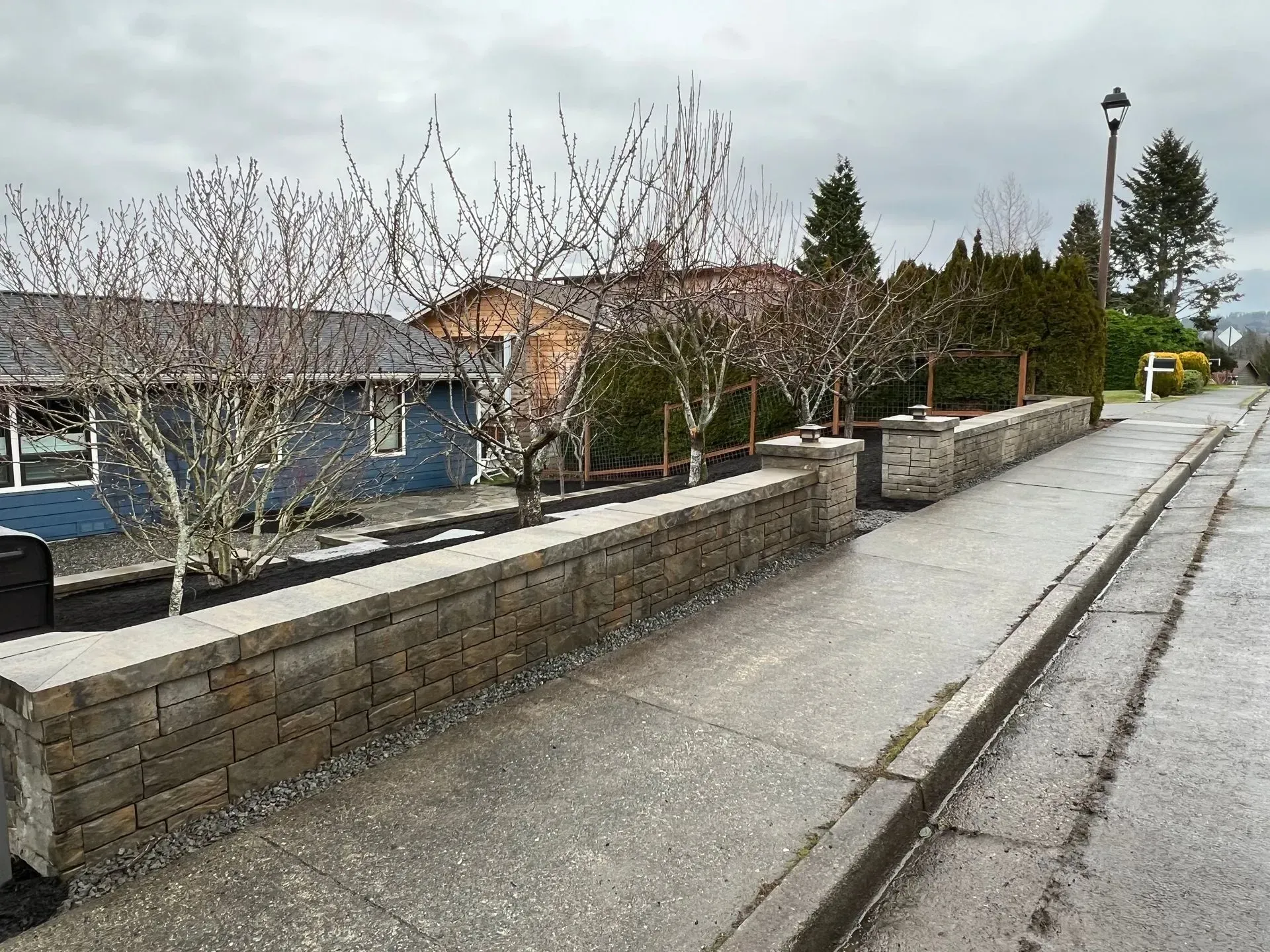 Low brick wall with bare trees, sidewalk, and street next to a blue house on a cloudy day.