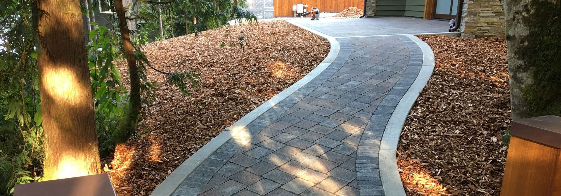 Stone pathway winding through a garden with brown mulch and trees.