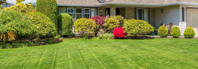 House with manicured lawn and vibrant flower beds.