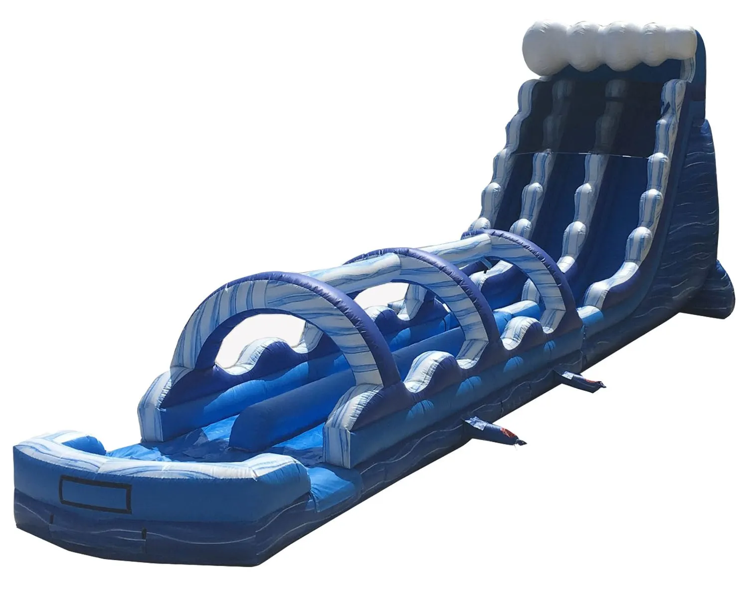 Blue inflatable obstacle-course slide with arched tunnel and steep climbing wall underneath.