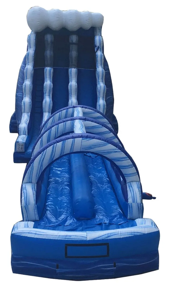 Blue inflatable water slide with arched tunnel and tall climbing section