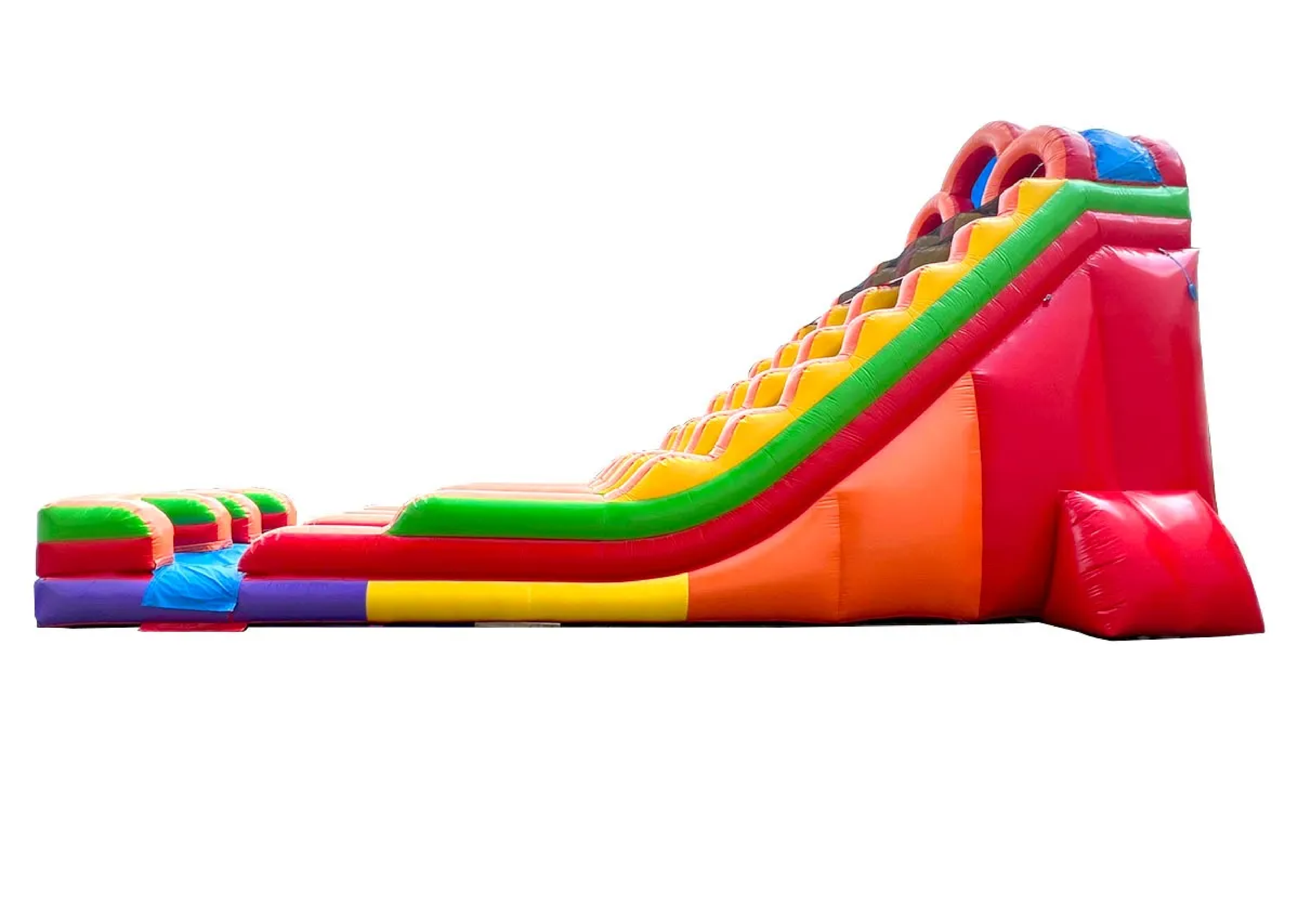 Colorful inflatable water slide with red, green, yellow, and blue lanes on a white background