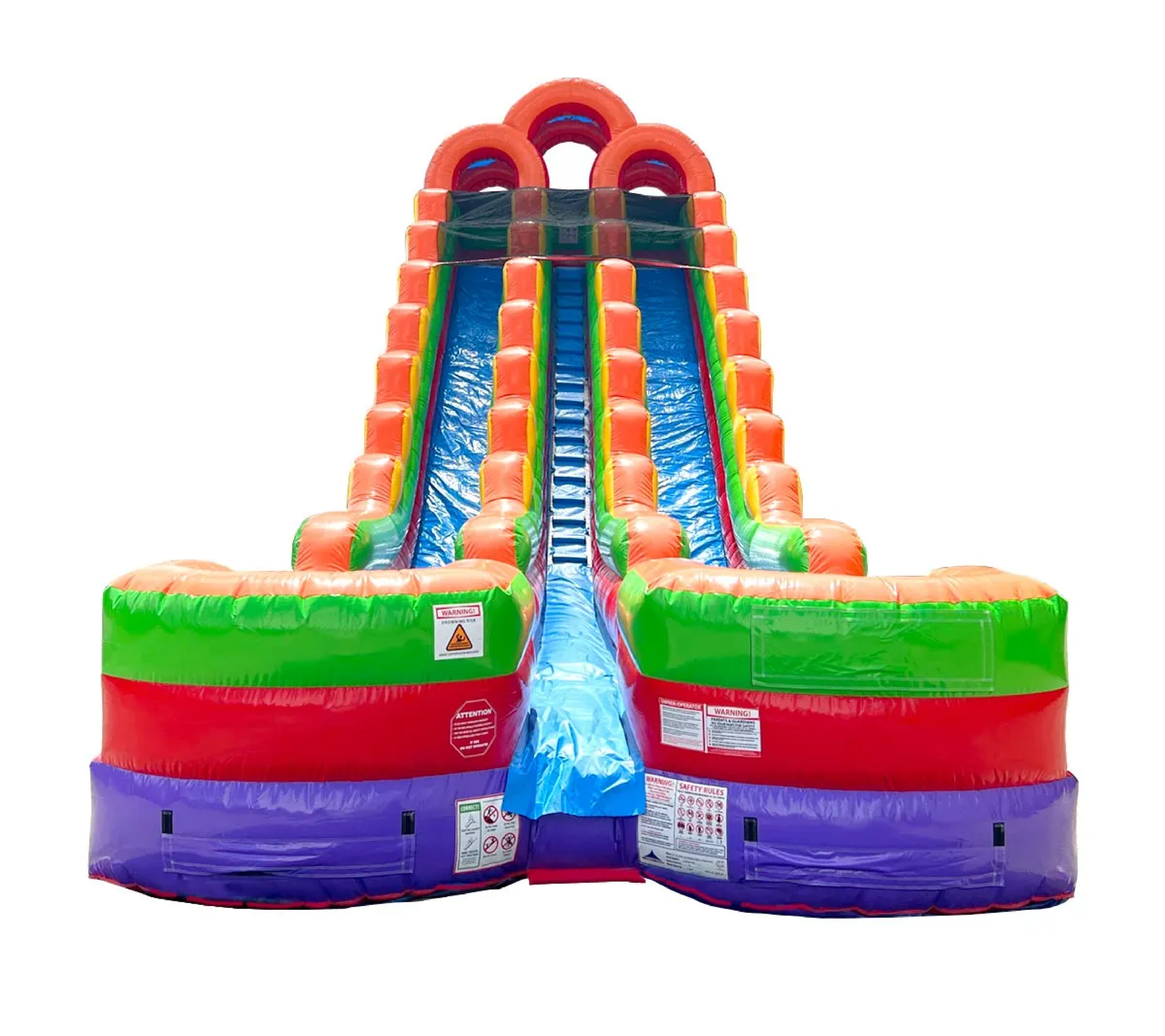 Colorful inflatable slide with red, orange, green, blue, and purple sections on a white background