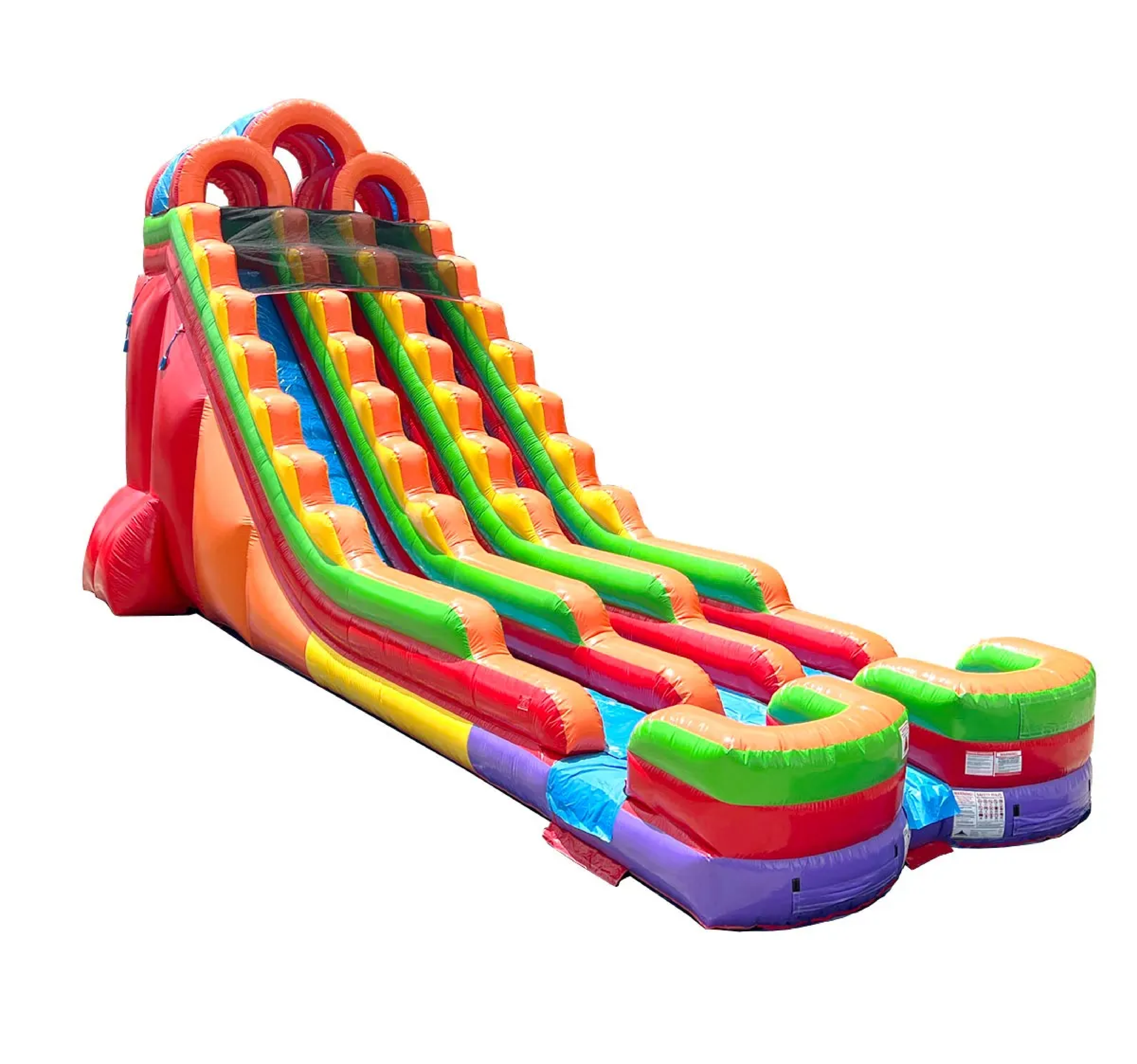 Colorful inflatable slide with two lanes and a climbing ramp, shown on a white background