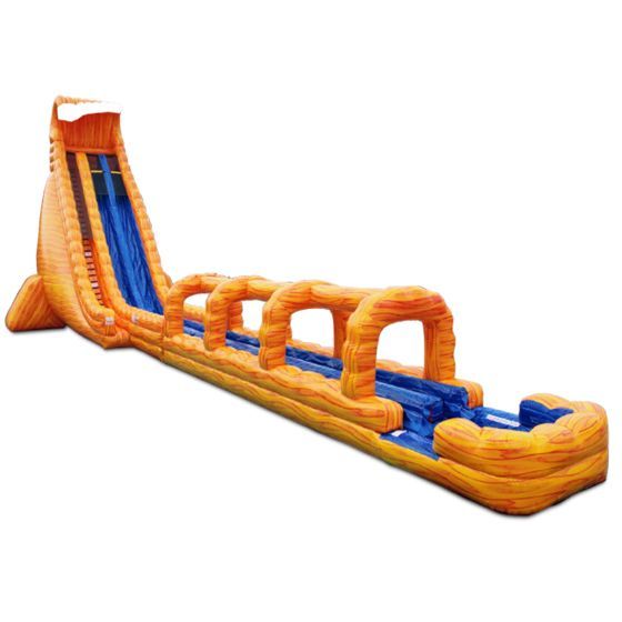 Orange and blue inflatable obstacle course with slide and arches on a white background