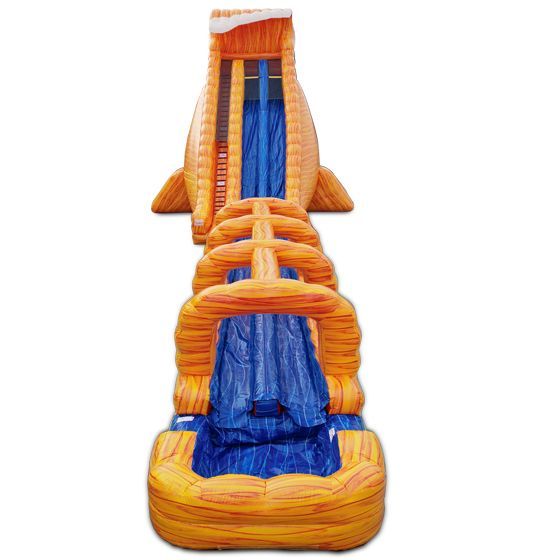 Orange and blue inflatable slide with a climbing lane and shallow landing pool
