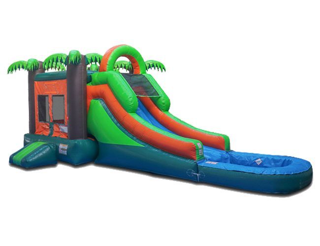 Colorful inflatable water slide with blue pool, green palm decorations, and orange-and-green climbing lane