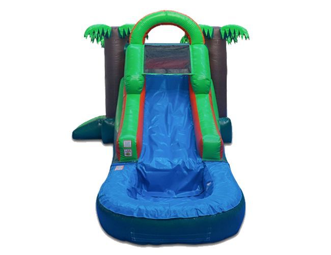 Green-and-blue inflatable waterslide with a blue splash pool at the bottom