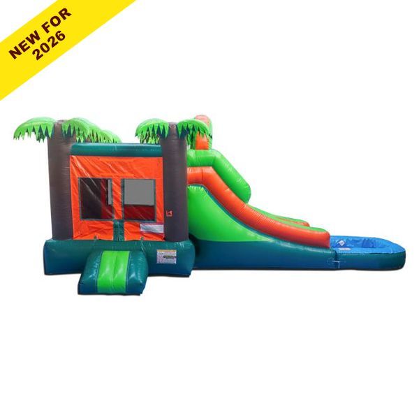 Colorful inflatable bounce house with slide, palm tree tops, and blue landing area on white background