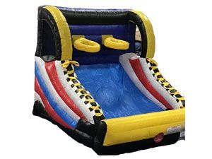 A colorful inflatable basketball hoop with two hoops attached to it