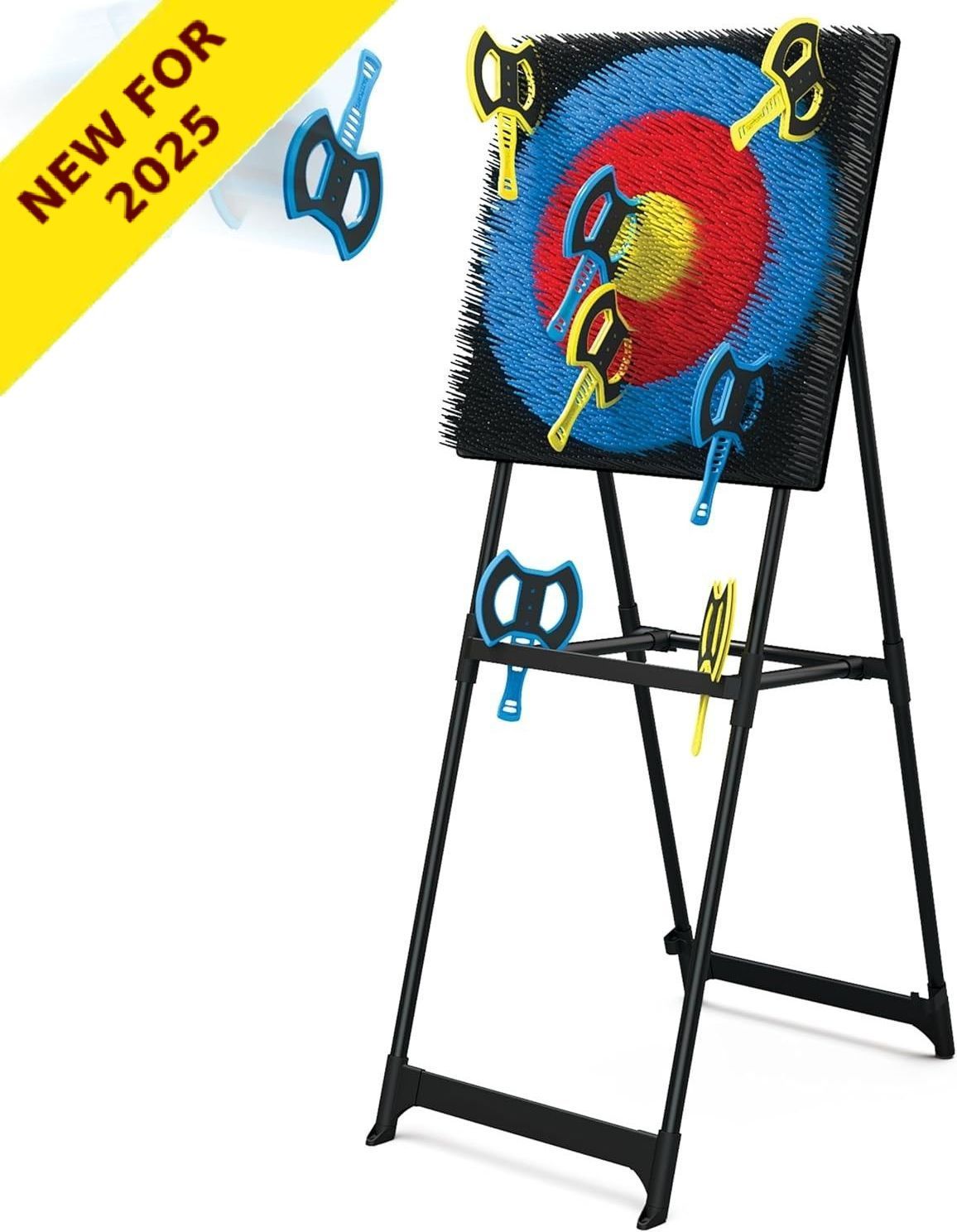 A folding archery target with arrows flying in the air.