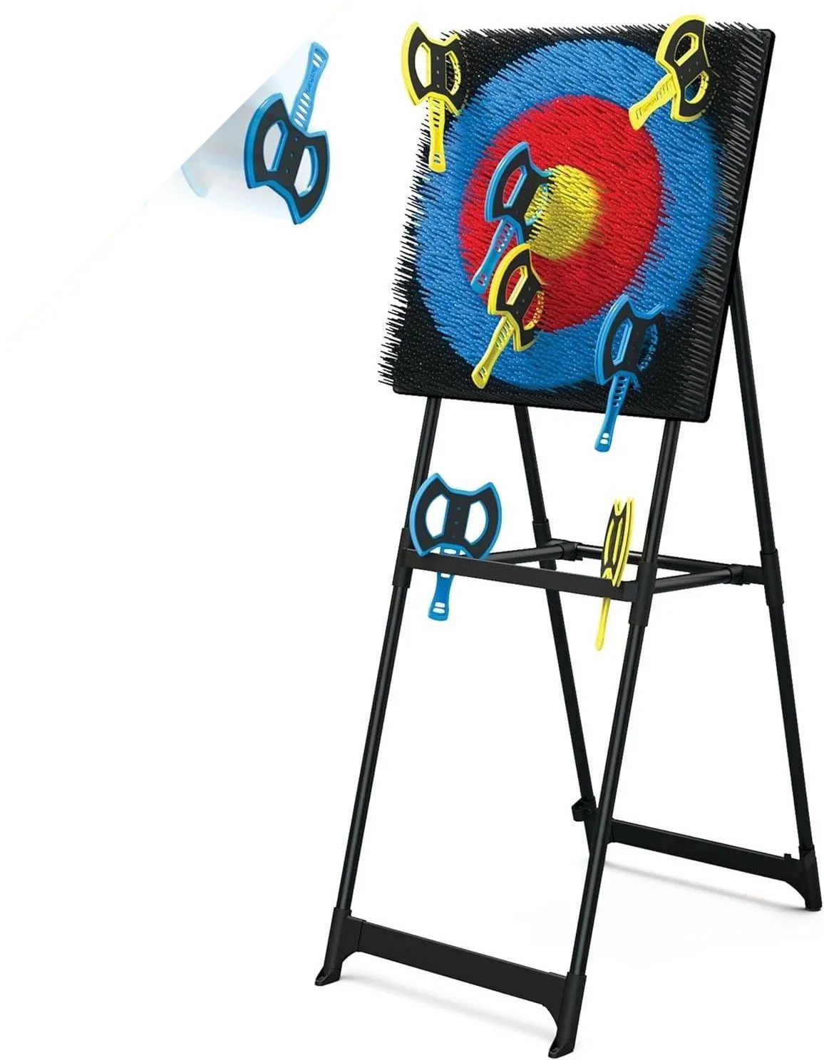 A folding archery target with arrows flying in the air.