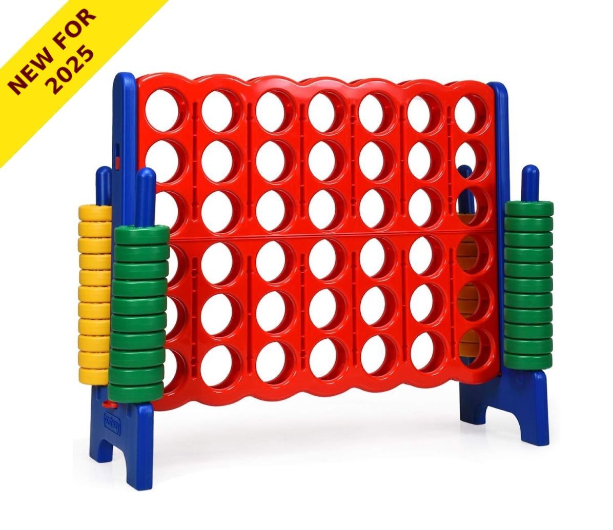 A red and blue connect four game with green yellow and blue pieces