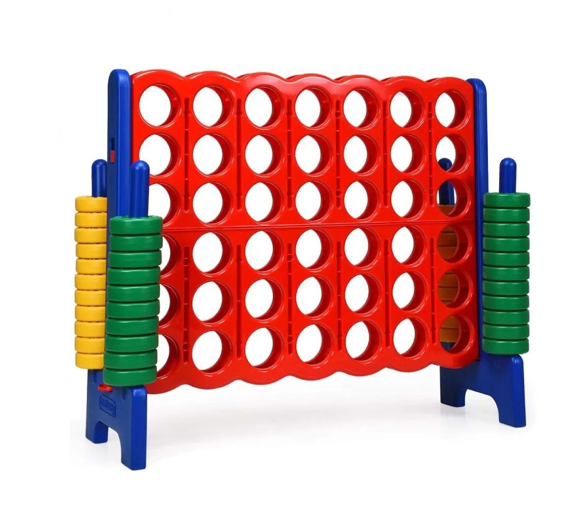 Red outdoor Connect Four game with blue frame and yellow, green, blue chips on white background