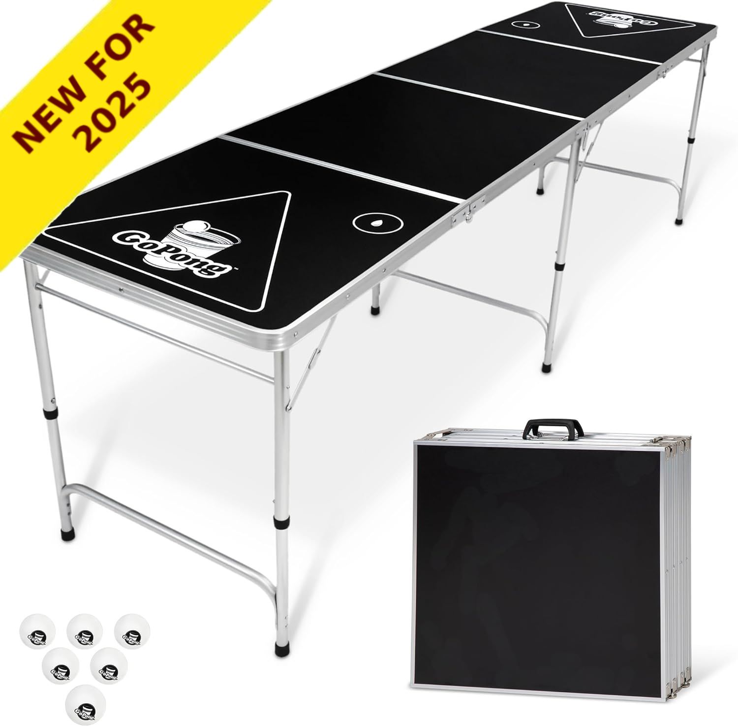 A beer pong table with balls and a case