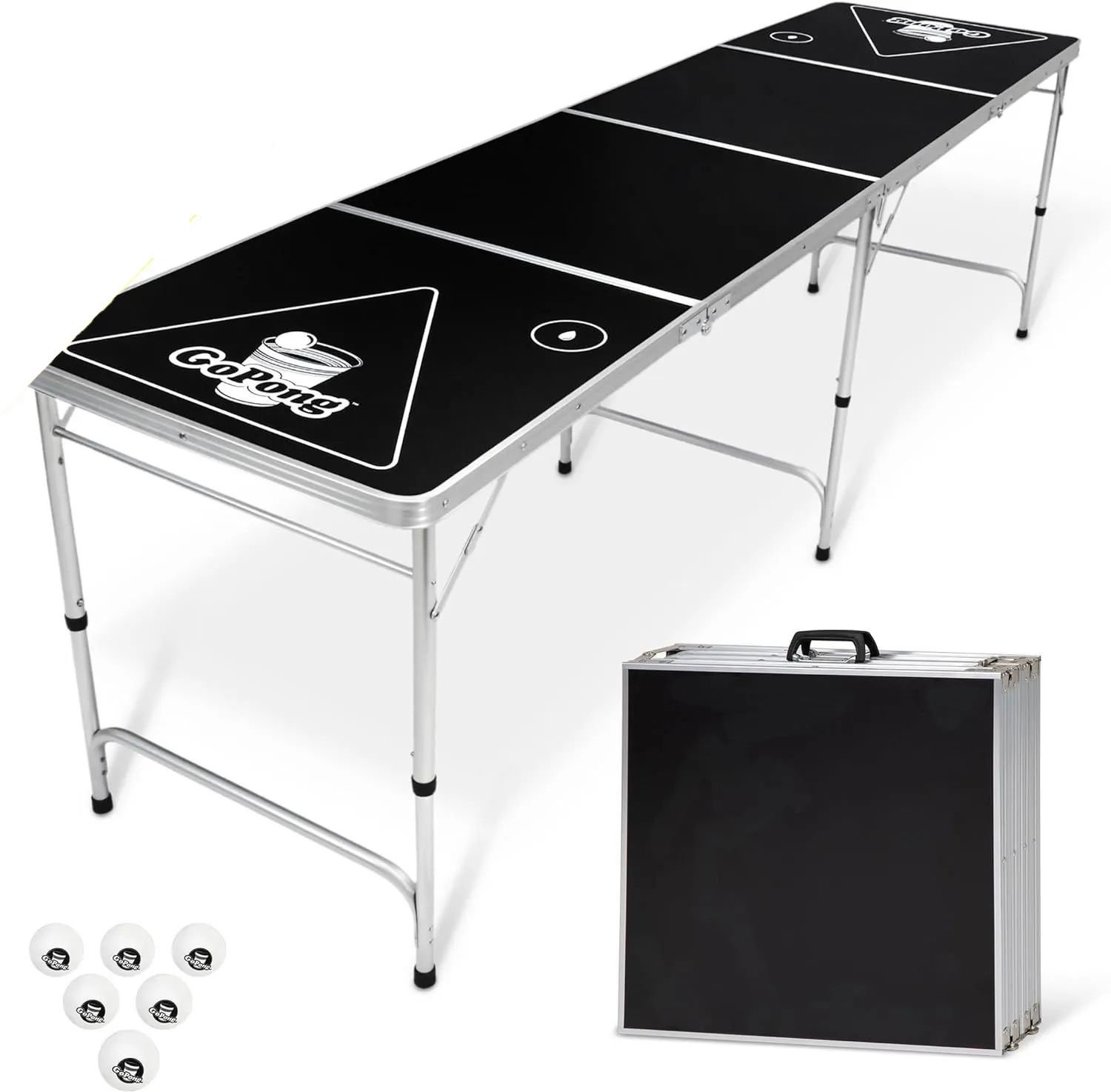 Black folding beer pong table with cup holes and carrying case on white background
