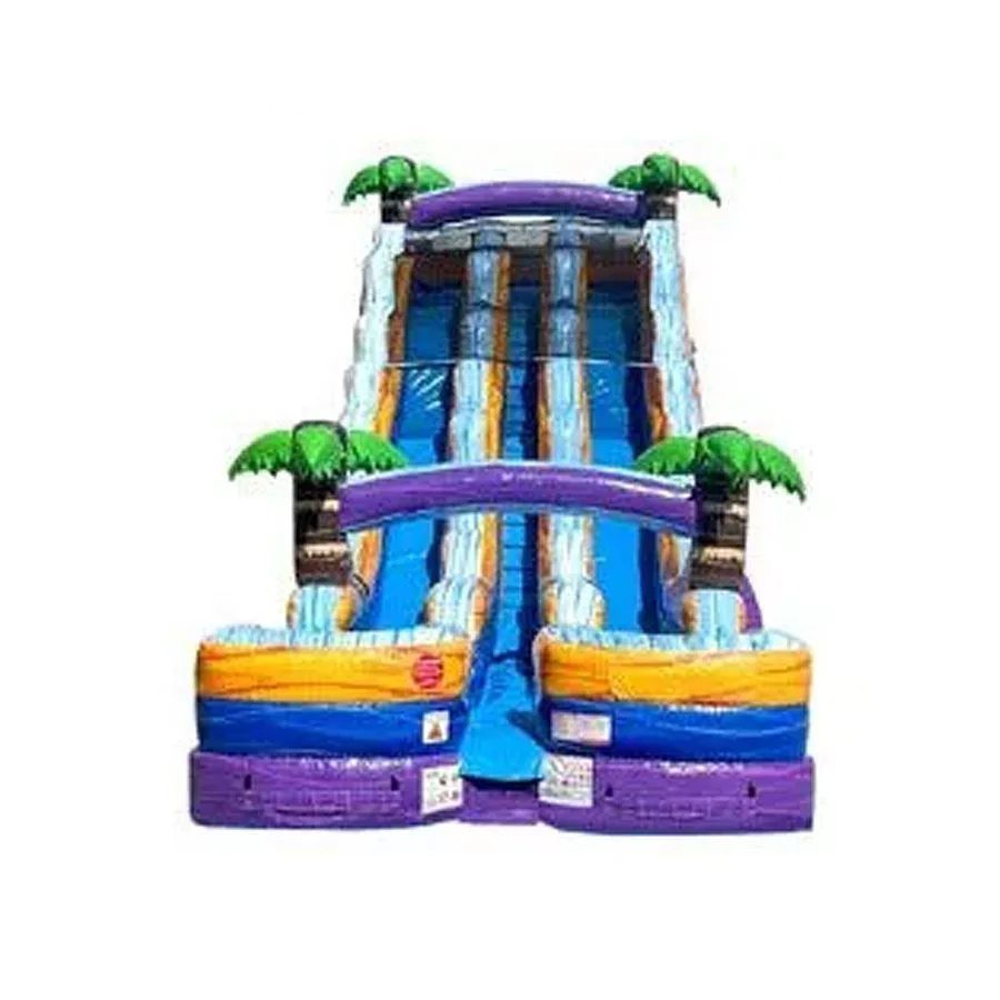 Colorful inflatable water slide with purple, blue, and yellow accents and palm tree decorations
