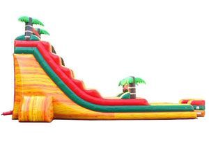 A large inflatable water slide with palm trees