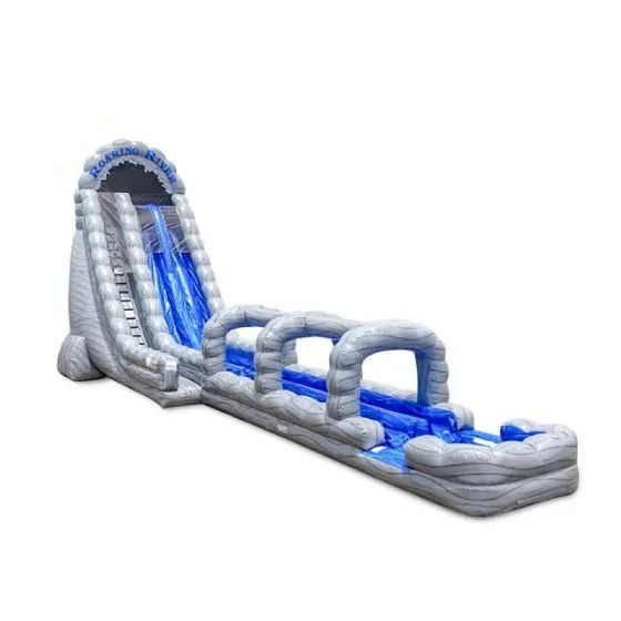 Blue-and-gray inflatable water slide with a pool and tunnel arches