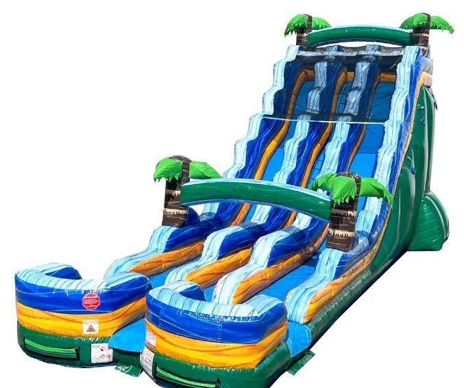 Blue and green inflatable double-lane water slide with splash pool