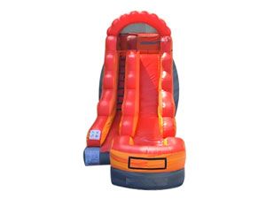 A red and orange inflatable water slide