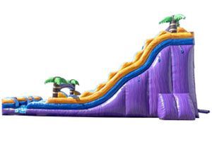 A purple and orange inflatable water slide with palm trees