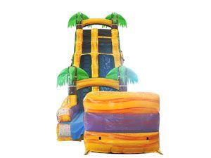 A large inflatable water slide with palm trees