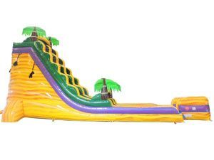 A large inflatable water slide with palm trees