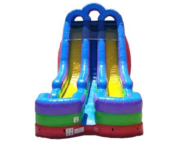 Inflatable double water slide, colorful blue, yellow, and red.
