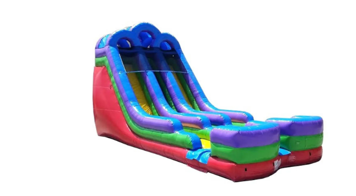 Colorful inflatable water slide, outdoors.