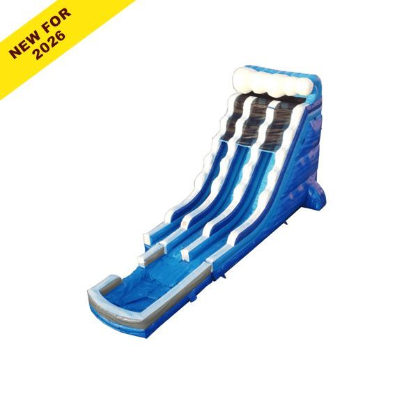 Blue-and-white inflatable water slide with three lanes and black grip handles