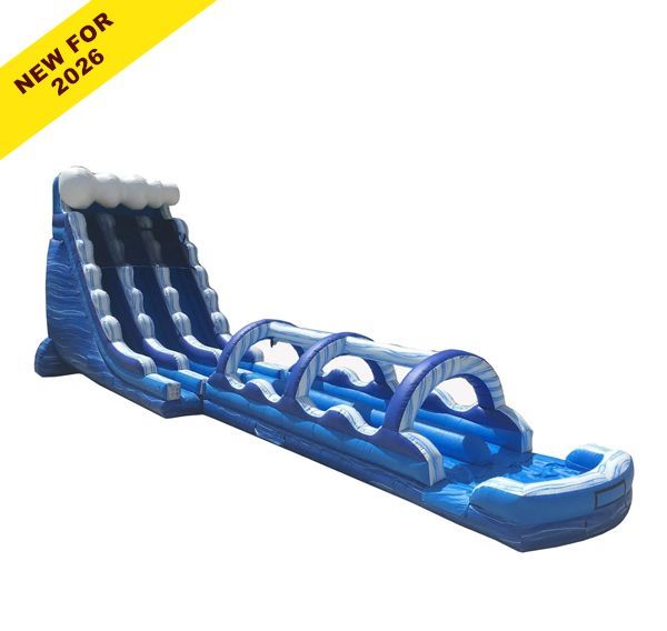 Blue inflatable obstacle course with climbing ramp, arches, and sliding lane