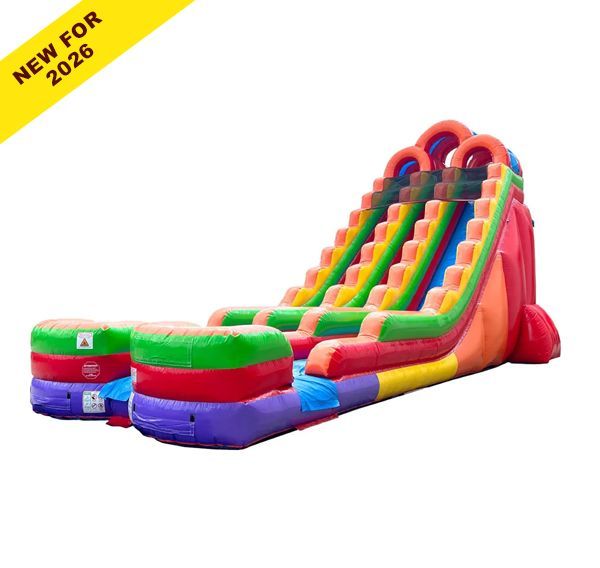 Colorful inflatable obstacle course with twin slides and a bouncy entrance