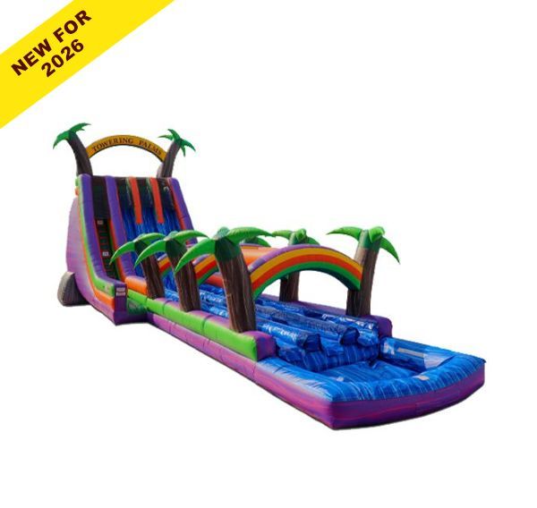 Colorful inflatable water obstacle course with blue splash lane and rainbow arches, palm tree decorations